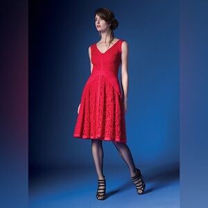 TADASI SHOJI PETITE Deep Rose red Lace Pintuck Jersey Fit & flare dress size 4P